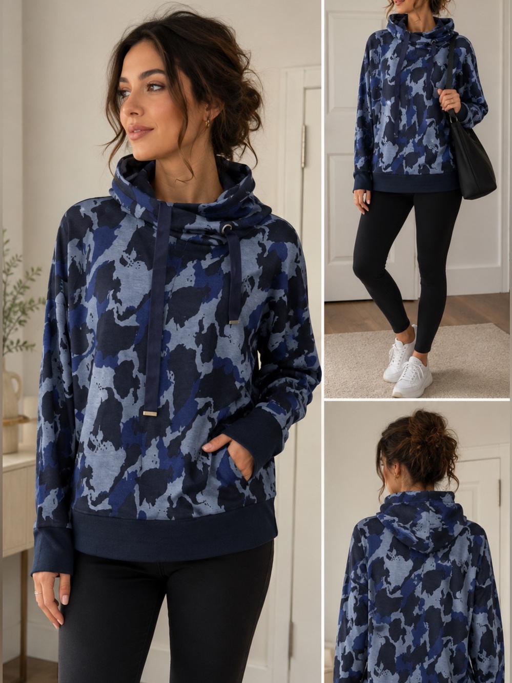 Womens We Norwegians r Sweater Hooded Merino Wool Blue Camo Pullover Size S